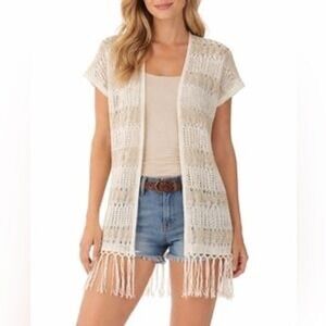 Natural Reflections Open Knit Crochet Fringe Cardigan Cream Tan Striped Boho